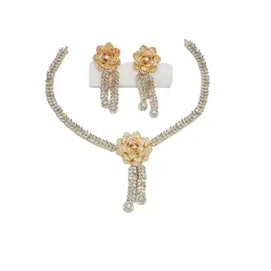 Women's Gold and Diamond, AMERICAN DIAMOND Necklace Set, Floral Design