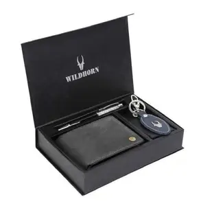 WildHorn Grey Leather Men's Wallet, Keychain and Pen Combo Set (GIFTBOXMIX)