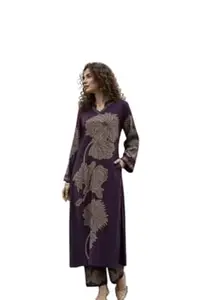 Maa Fashion Women Rayon Slub Digital Print Kurti with Palazzo Set, Full Sleeve Kurta with Lace Neck Design, Ethnic Wear