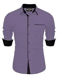 FINAXO FASHION Men's Cotton Blend Shirt, Black with Red Trim, Long Sleeve, Regular Fit