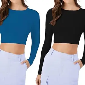THE BLAZZE Women's Cotton Stretchable Latest Boat Neck Full |Long Sleeve Basic Solid Casual Wear Crop Top for Women L201 KB1138 (XS, RBL_BLK)