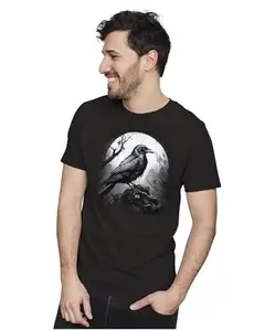 ALLEN BLACK Men's & Women's Regular Fit T-Shirt Raven & Full Moon 100% Cotton Unise T-Shirt Black_RAVFUL11-Black 5XL Men Round_
