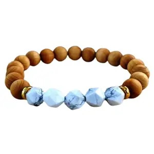 RRJEWELZ Natural Howlite & Sandalwood Round Shape Faceted & Smooth Cut 8mm Beads 7.5 inch Stretchable Bracelet for Healing, Meditation, Prosperity, Good Luck | STBR_04248
