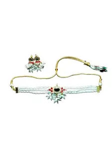 The GJ Pearl Choker Necklace Set with Green and Red Gemstones, White Floral Drops, Gold-Toned