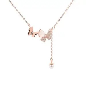 EZURR Duo Butterfly With Pearl Drop Pendant Chain | 925 Sterling Silver | Women |18K Gold Vermeil | Hypoallergenic | Water Resistant | Anti Tarnish Jewellery | Ideal Gift for Her