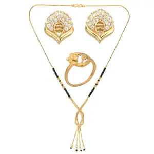 AanyaCentric Gold-plated Jewelry Pack Elegant Short Mangalsutra, Ring and American Diamond Earrings Pack - Stylish Accessories for Women and Girls