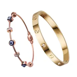 Rose Gold Evil Eye & Gold Bangle Style bracelets Combo for Womens & Girls | Anti Tarnish & Water Resistant | Adjustable Magent Rose gold Bracelet Kada | Trendy Accessories Jewellery