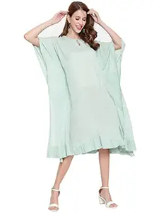 KAIRU Polka Dots Cotton Kaftan Dress with Ruffles for Women, Pastel Green (Free Size)