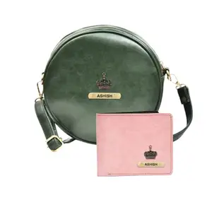 YOUR GIFT STUDIO : Classy Leather Customized Chained Sling Bag Round + Men's Wallet - Green Light Pink