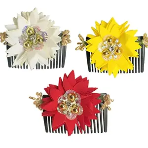 Arooman™ Acrylic Comb and Cloth Flower Hair side Comb/Clip Flower Design Juda Comb,For Women And Girls Pack -03, Multicolor