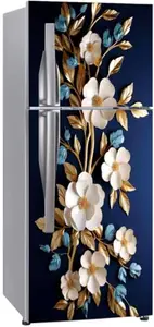 3D Floral Double Door Fridge Sticker | Waterproof Self-Adhesive Vinyl Refrigerator | Door Wrap for Kitchen Décor | Peel & Stick Fridge Cover (63 x 24 inch) (White Floral/Navy Blue)