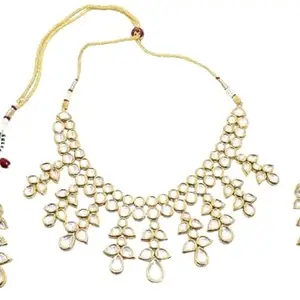 Rajasthan Gems Wedding Jadau Necklace Earrings Jewellery Set Polki Cubic Zirconia CZ Stone Enamel Meena Gold Rhodium Adjustable Women Handmade India Gift H146
