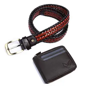 VOGARD Genuine Leather Braided Belt and RFID Protected Genuine Leather Wallet Valentine's Day Gift Combo (2419Brown)