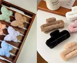 RHOSYN HAIR ACCESSORIES 4 Pcs Faux Fur Hair Clips Set ||Simple Fluffy Plush Hair Claw Clips|| Fuzzy Stylish Curly Hair Styling ||Furry Hair Claw Clips for Women Girls (Random Color)