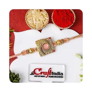 eCraftIndia Pastel Pink Golden Designer Fancy Rakhi for Brother | Raksha Bandhan Rakhi for Bhai Bhaiya | Roli Chawal Pack