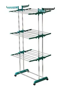 LOOT-LEY Premium Dryer Stand Heavy-Weight Stainless Steel Oversized 3-Tier Collapsible Rolling Drying Rack Folding Laundry Drying Rack Stand | Maximum Load 50 KG | Peacock Green