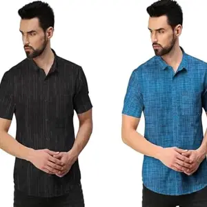 Men's Khadi Cotton Casual Shirt, Half Sleeves, Collar Neck, Pack of 2 (in, Alpha, M, Regular, Black-Blue)