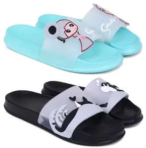 Pampy Angel Combo Pack of 2 Slipper/Flip Flops/Slides for Women,(Senorita-Blue,Dolphin-Black),39 (Euro)