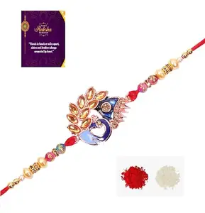 SR Jewells Exquisite Multicolor Peacock Bhaiya Bhabi Traditional Designer Round Rakhi - Silk Threads, Sparkling Stones, Traditional Motifs - Gift for Raksha Bandhan Celebration