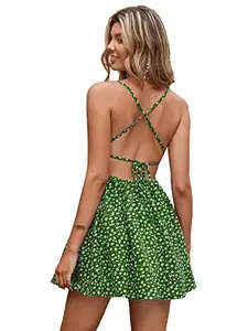 Aahwan Green Backless Lace Up Ditsy Floral Printed Mini Cami Dress For Women's & Girls' (186-Green_L)