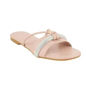 Stepee Stylish & Trendy Peach Embellished Open Toe Slip on Open Back Fashion Flats Sandal for Women