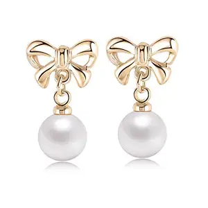 Romp Fashion Gold Plated Pearl Bow Shape Studed Earrings For Girls And Women
