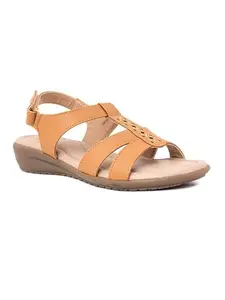 Khadim's Softouch Women Beige Flat Sandals with Arch-Support | Casual Velcro- Strap Low-Wedge Heels for Ladies | Stylish, Trendy and Comfortable Footwear for Everyday Wear