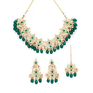 OOMPH Jewellery Green Kundan & Pearls Ethnic Choker Necklace Set with Drop Chandbali Earrings & Maangtikka For Women & Girls Stylish Latest (NEDP26_AMR1)