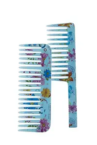 FYNX Wide Teeth Shampoo Combs, Paddle Hair Combs, Detangling Hair Brush (Kanga) Combo for Women & Men (Blue Flower Print ) - Set of 2