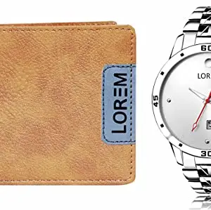 LOREM Orange Color Faux Leather Wallet & Silver Analog Watch Combo for Men | WL11-LR103