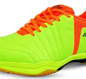 B-TUF FIRE Badminton Court Shoes Non-Mark Ideal for Squash Table Tennis Sports Men Women Boys Girls Unisex (Green/Orange) Size UK 6