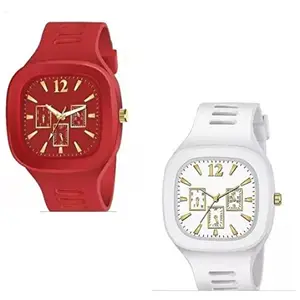 New Square Dial Set of 2 Watches/red/White/Multi Silicone Strap ADDI Stylish Designer Analog Watch - for Boys & Men by Zaara Crafts
