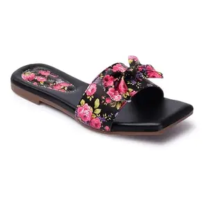 Longwalk Women's Fashion Sandal Flower Bow Loock Floral Print Black
