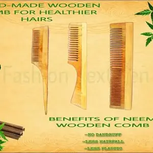 FASHION NEXT GEN Handmade Natural Pure Healthy Neem Wooden Comb Wide Tooth for Hair Growth, Anti-Dandruff Combs For Women And Men (Medium, 3)