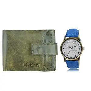 LOREM Combo of Blue Wrist Watch & Green Color Artificial Leather Wallet (Fz-Wl22-Lr28)