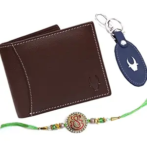 WildHorn Rakhi Gift Hamper for Brother - Classic Men's Combo/Gift Set of Leather Wallet, Keyring and Rakhi for Brother (Brown)