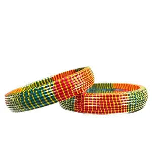 Aaroz and Company Red and Green Lac Bangles with Stylish Yellow Stripes (2.6)