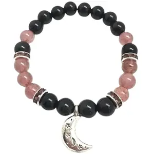 RRJEWELZ Natural Rainbow Obsidian & Strawberry Quartz 8mm Round Shape Smooth Cut Beads 7 Inch Stretchable Bracelet for Men & Women.|STBR_RR_08064_7.0