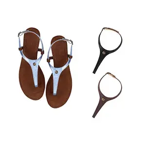 Cameleo -changes with You! Cameleo -changes with You! Women's Plural T-Strap Slingback Flat Sandals | 3-in-1 Interchangeable Leather Strap Set | Silver-Black-Brown