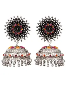 Crunchy Fashion Ethnic Oxidised Silver Multicolor Jhumka Earrings for Festive Fashion