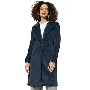 Campus Sutra Women Navy Blue Regular Fit Long Coat For Winter Wear | Collar Neck | Full Sleeve | Buttoned | Casual Jacket For Woman & Girl | Western Stylish Jacket For Women