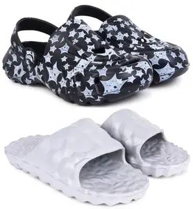 Pampy Angel Combo Pack of 2 Slipper/Flip Flops/Slides/Clogs/Sandals with Adjustable Back Strap for Men,(Cl-A-Star-Black,Diamond-Grey),8 (UK/India)