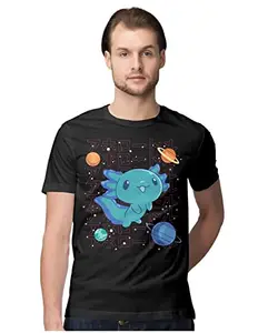ALLEN BLACK Men's Regular Fit T-Shirt Kawaii Space Aolotl 100% Cotton T-Shirt Black_KWSPAXSOLMEN-Black XL Men Round_