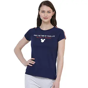 Free Authority Mickey & Friends Printed Regular Fit Navy Blue Cotton Women's T-Shirt