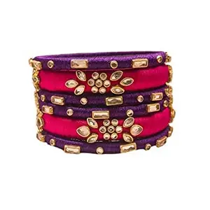 HABSA HABSA Hand Made Fancy Festival Silk Thread Fancy Festival Wear Kundan Stone Bangles Set of 6 Bangles Pink-Purple(size-2/4)