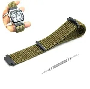 Lineon 18mm Woven Nylon Velcro Breathable Watch strap Cut Pattern Specially Compatible With CASIO Royale ae1200, DW-291H, F-91W, F91W, AE-1400wh, A168WA, SGW-300, W-218H, AE-1000w, A158wa kailash with Tool
