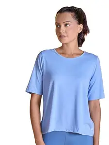 NYKD All Day Women's Comfy Stylish Designer Top/Tee Textured Cutout Back Knot Overlay with Print and Ultra Comfort T-Shirt, NYAT267, Blue Melange, M, 1N