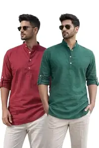 Bahumaan Pure Cotton Short Kurta for Men with Chinese Collar and Roll-Tab Sleeves | Solid Kurta Shirt for Men for Casualwear and Daily Comfort