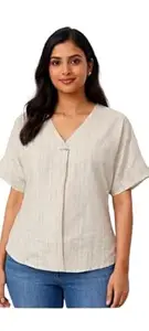 Reeca Women Vertical Striped Tunic Top with V-Neck and Metallic Brooch Detail | Lightweight Short Sleeve Cotton Blend Kurta | Casual Summer Tunic for Women