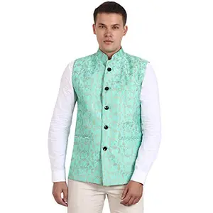 Veera Paridhaan Men Banarasi Printed Chinese Collar Nehru Jacket (Turquoise, Large-40)